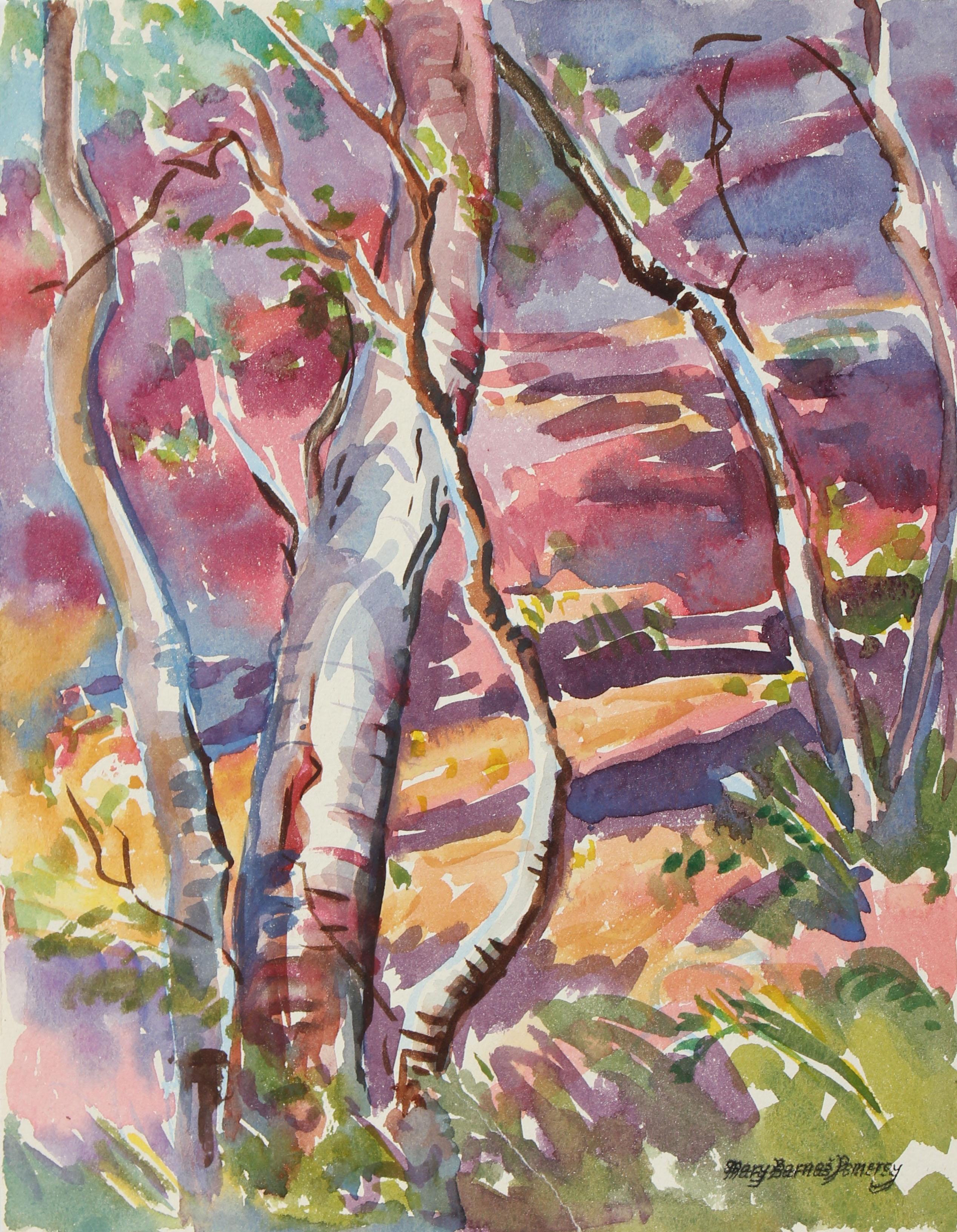 Mary Pomeroy Landscape Art - 1950s "Monterey" Watercolor Forest Scene in Pink