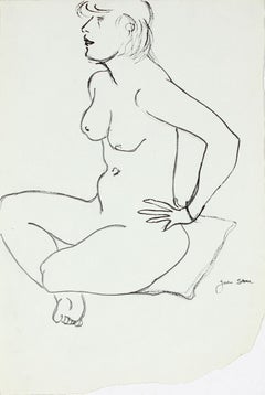 20th Century Sketch of a Seated Woman on Pillow in Ink