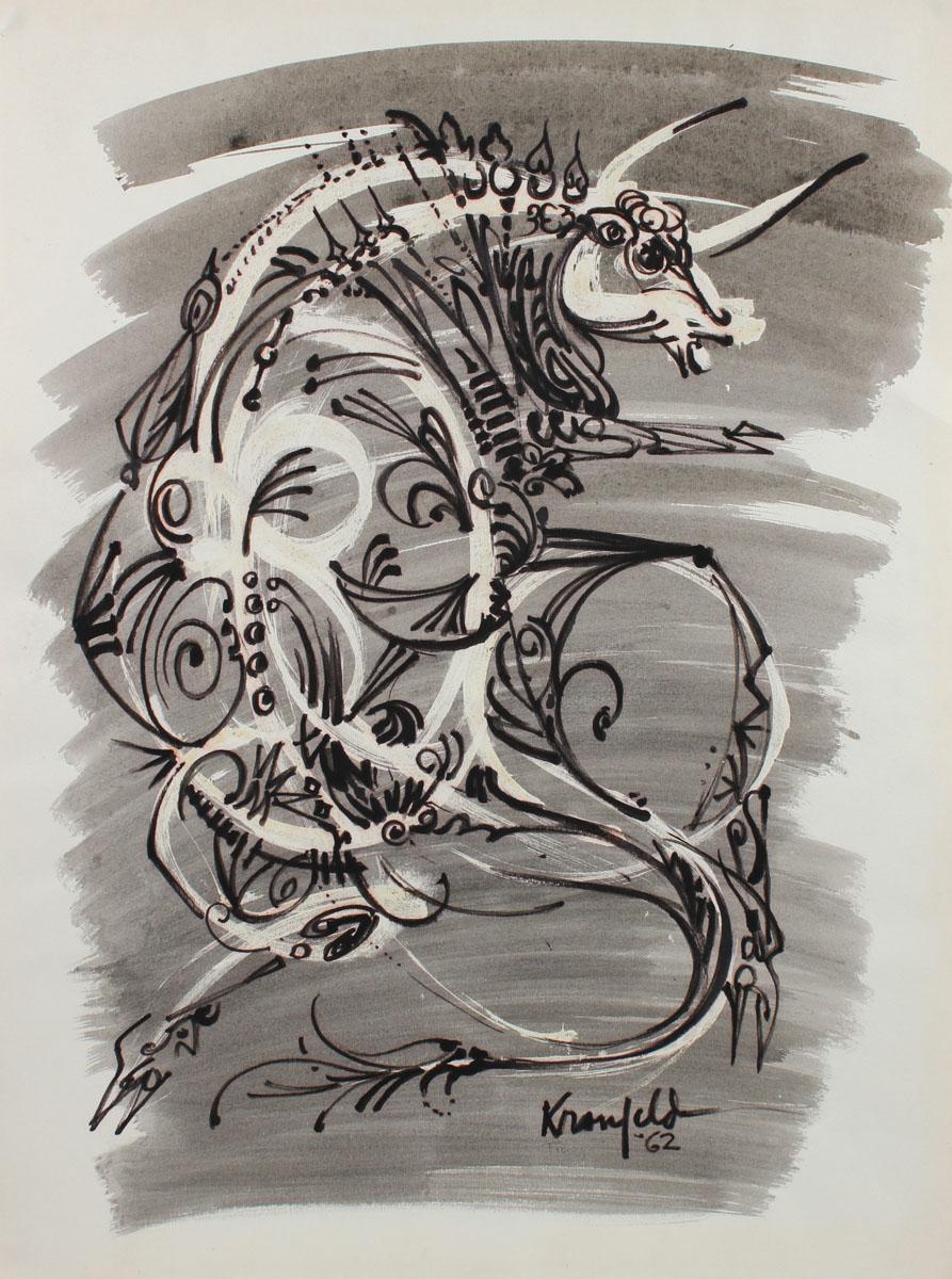Morris Kronfeld Animal Art - Circa 1960's Modernist Bull Illustration in Ink
