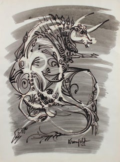 Circa 1960's Modernist Bull Illustration in Ink