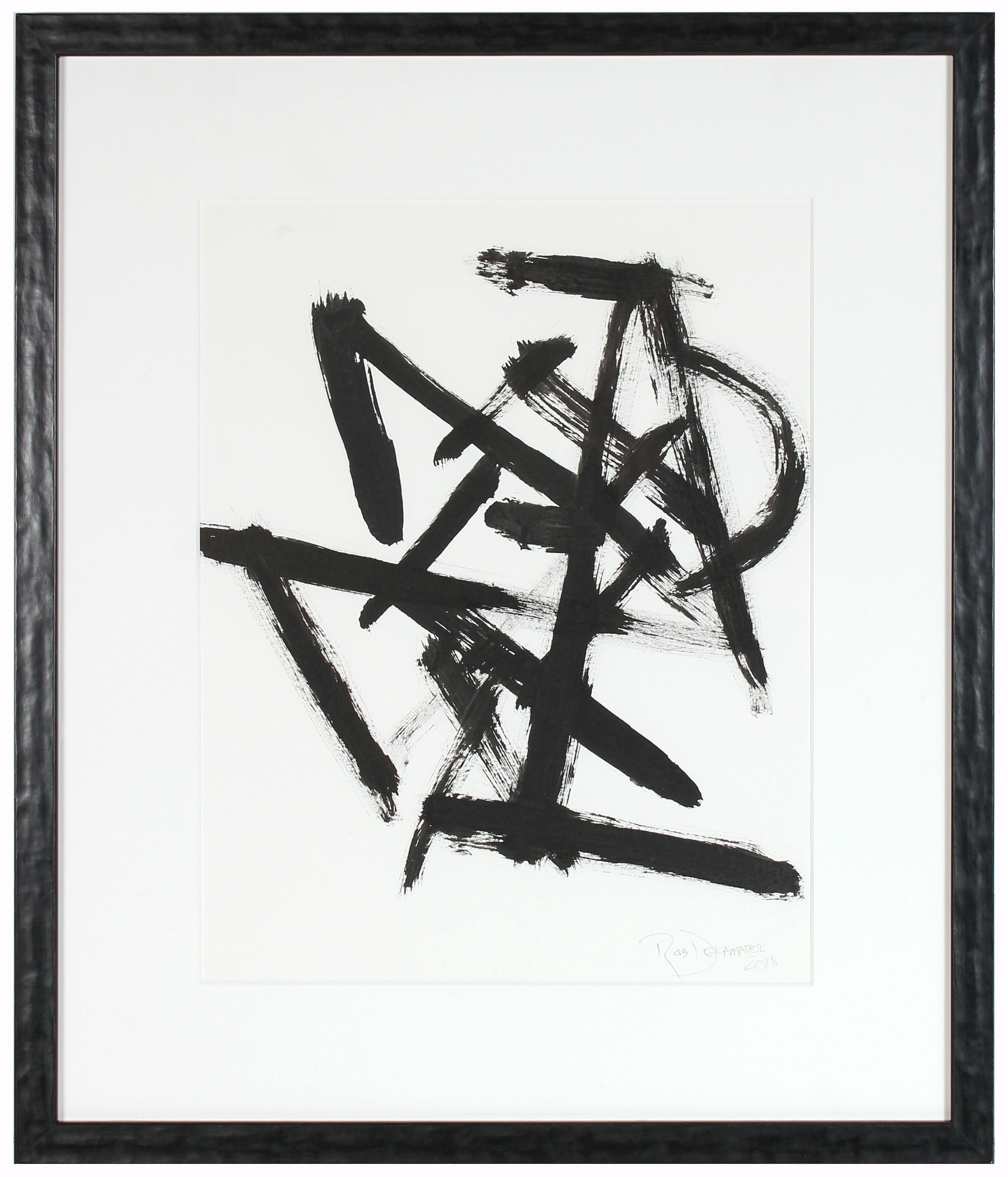 Rob Delamater Abstract Drawing - "Parlance II" 2018, Monochromatic Abstract Expressionist Black Ink Drawing 
