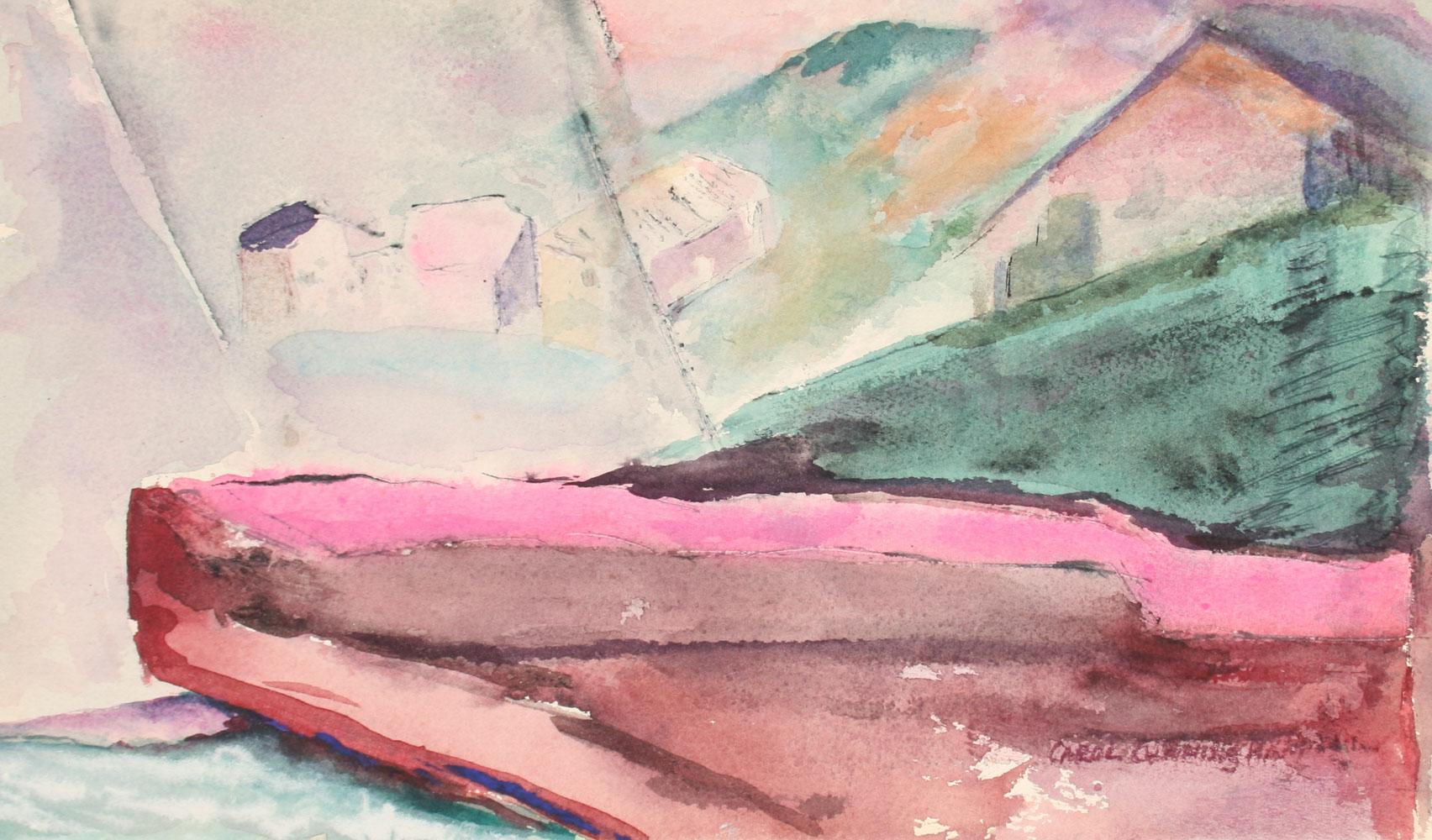 Carol Cunningham Landscape Art – Abstrakte Szene ""Gelbfeld" in Aquarell mit pastellrosa und grünem Muster