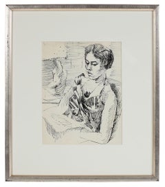 Modernist Portrait of a Woman on a Train in Ink