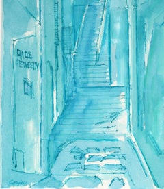 "Street in Corfu" Ink on Paper in Blue 