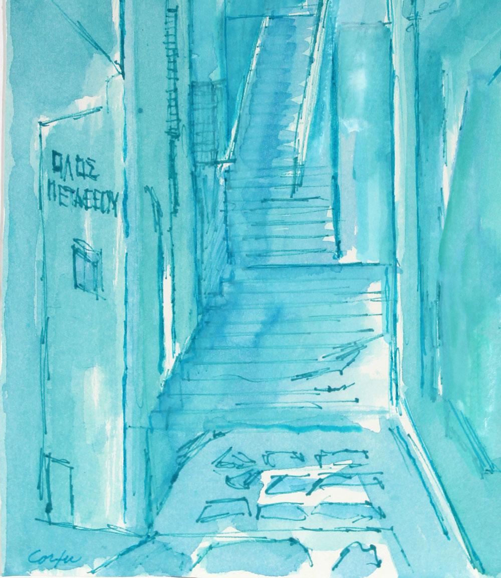 „Street in Corfu“ Tinte auf Papier in Blau  – Art von Seymour Tubis