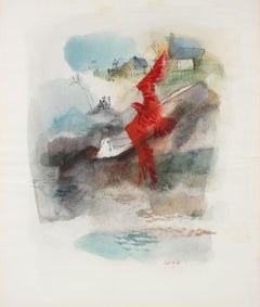Retro Seascape with Red Bird, Watercolor and Ink on Paper, 1960s– 1980s