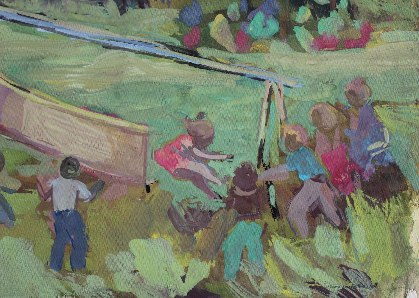 Landscape with Children Playing on a Slide in Gouache, Mid 20th Century - Art by Sadie Van Patten Hall