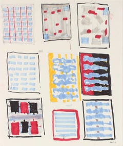 Geometric Abstract in Red, Yellow, Blue, and Black Ink, Circa 1960s- 1970s