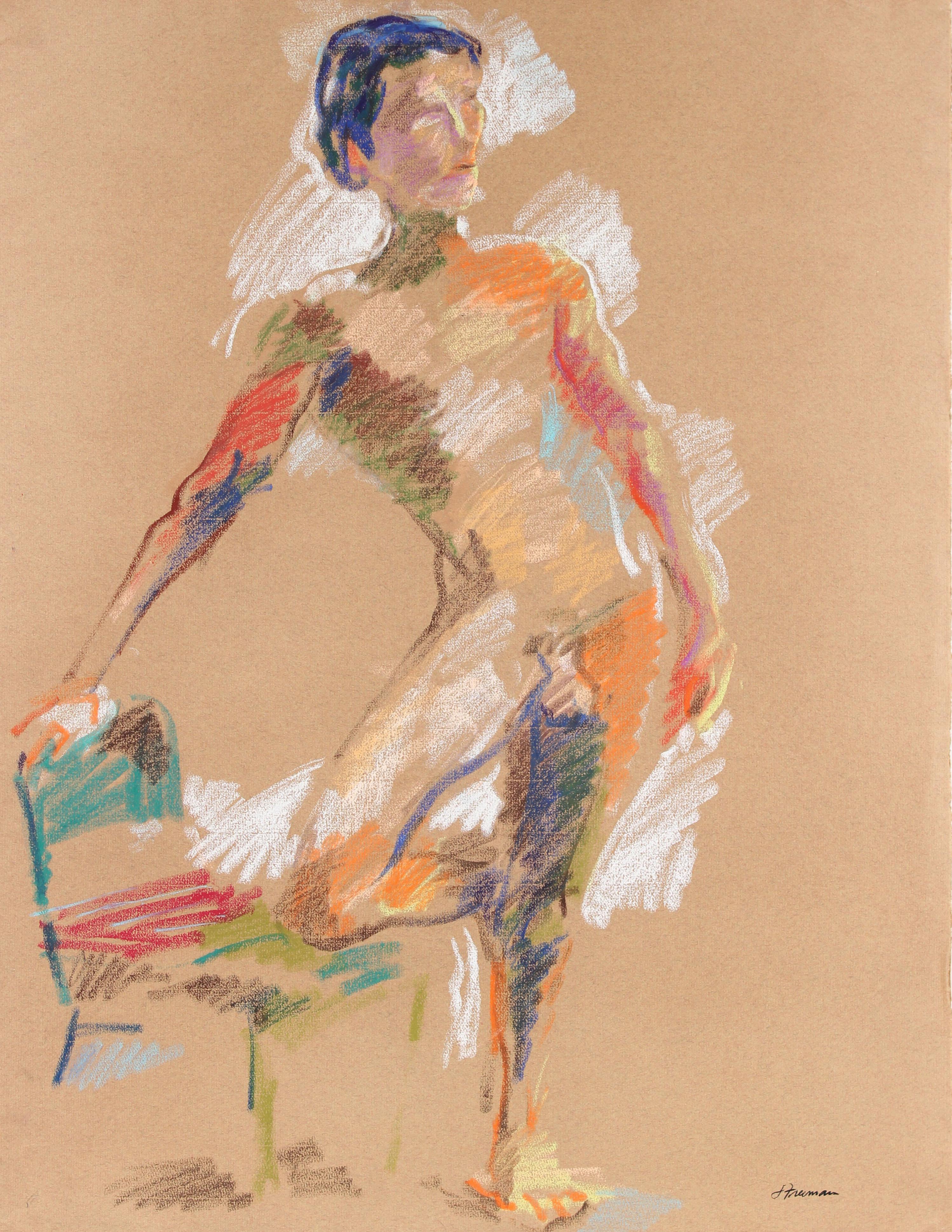Jack Freeman Figurative Art – Colorful Abstract Figure Drawing in Pastel on Paper, September 23, 1983