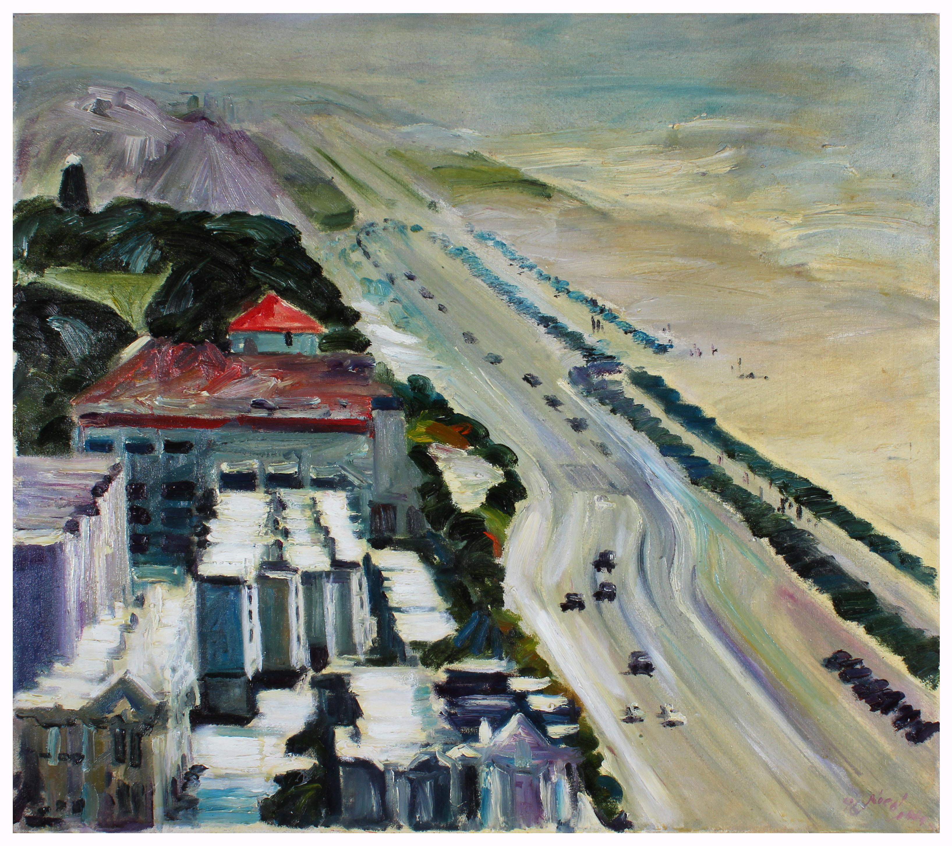 This 1996 Bay Area cityscape/ seascape in oil on stretched canvas is by Bay Area artist John Nicolini (1923-2014). Nicolini was born in 1923 in San Francisco and attended Fremont High School in Oakland. Later in life he went on to study at