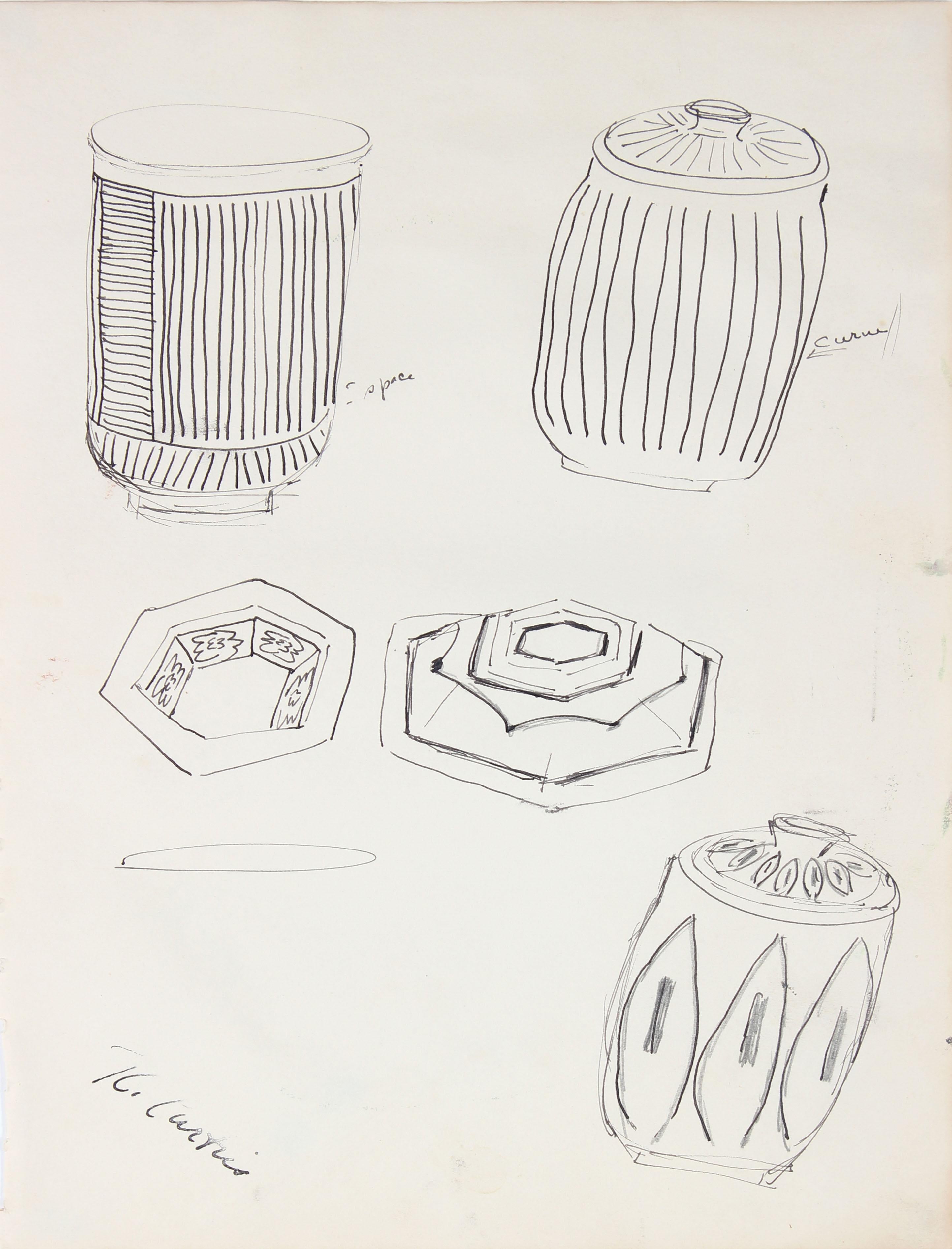 This mid 20th century ink on rice paper Modernist drawing of objects is by California Expressionist painter and sculptor Ross Curtis (1918-2007). Curtis was the co-founder of a noted Northern California group of artists known as the “Sausalito