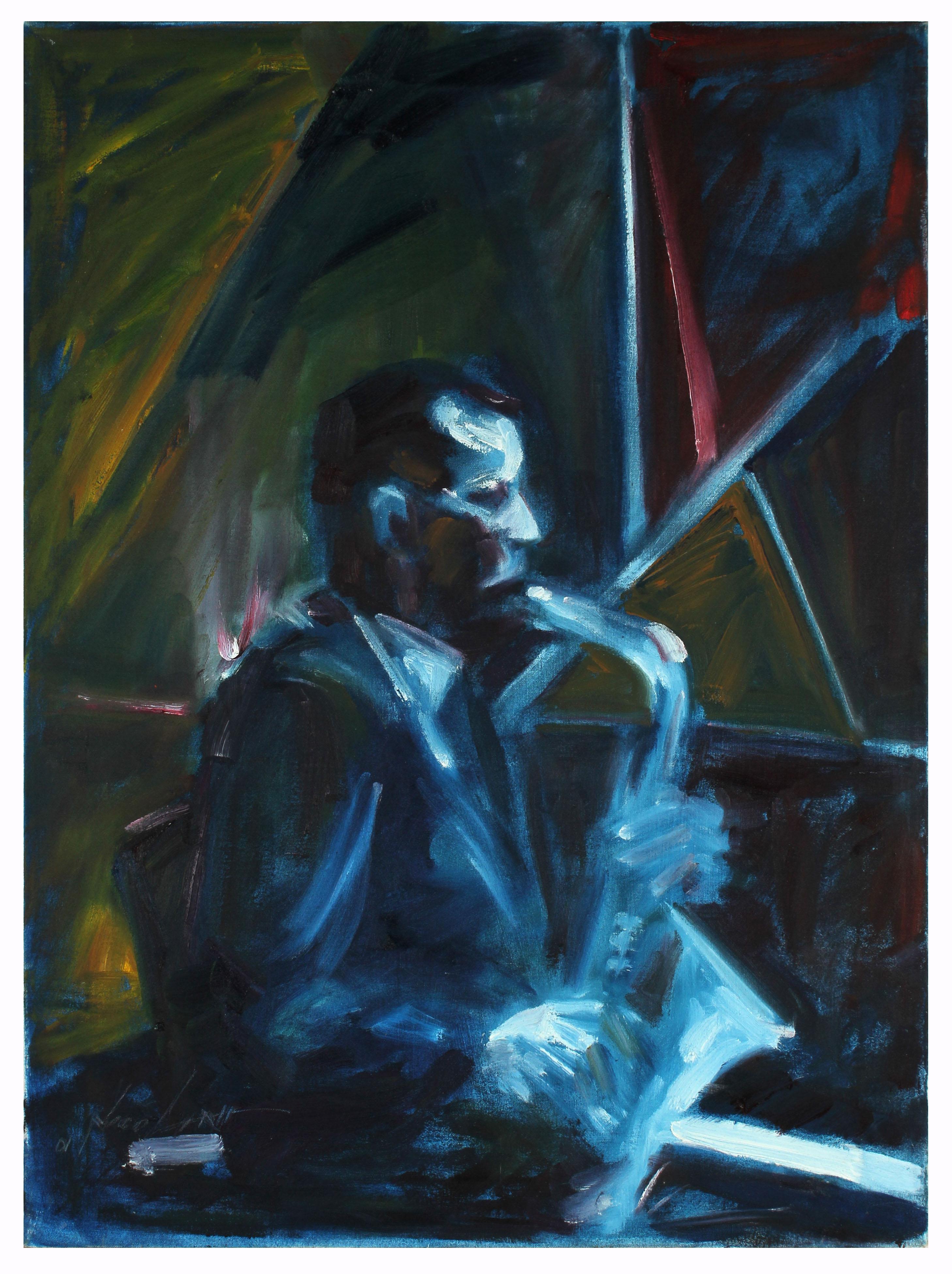 John Nicolini Figurative Painting – Blau, Gelb und Rot, Öl auf Leinwand, figuratives Gemälde mit Saxophon, 2001