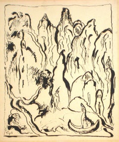 Abstract Expressionist Figures in Ink Wash on Board, Early to Mid 20th Century