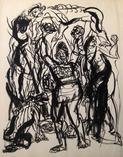 Abstract Expressionist Figures in Ink Wash on Paper, Early to Mid 20th Century