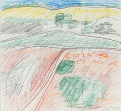 Vintage Colorful Abstract Expressionist Colored Pencil and Graphite Landscape Drawing