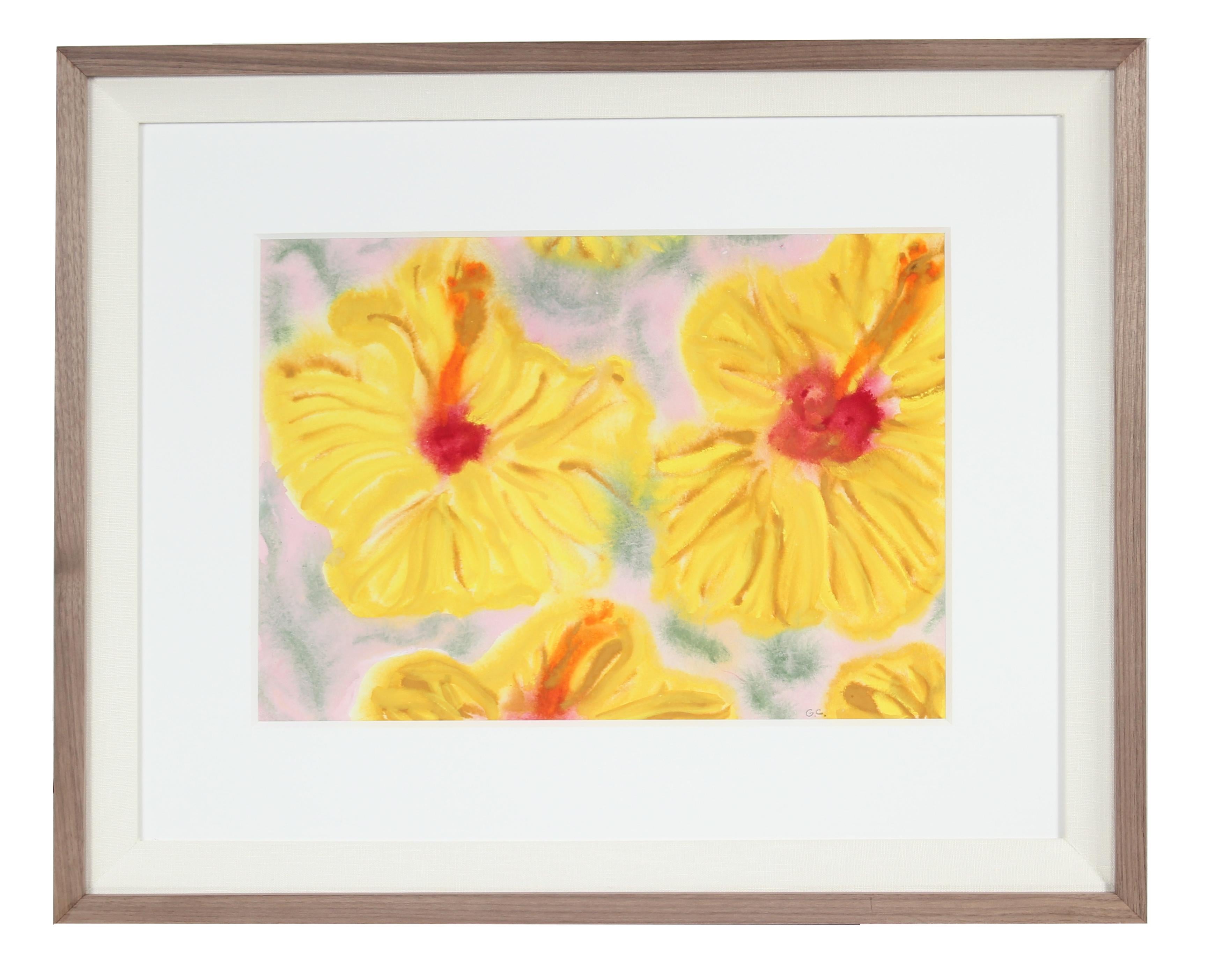 Gaétan Caron Still-Life - "Yellow Hibiscus", Hawaii Still Life, Ink, Watercolor and Gouache on Paper