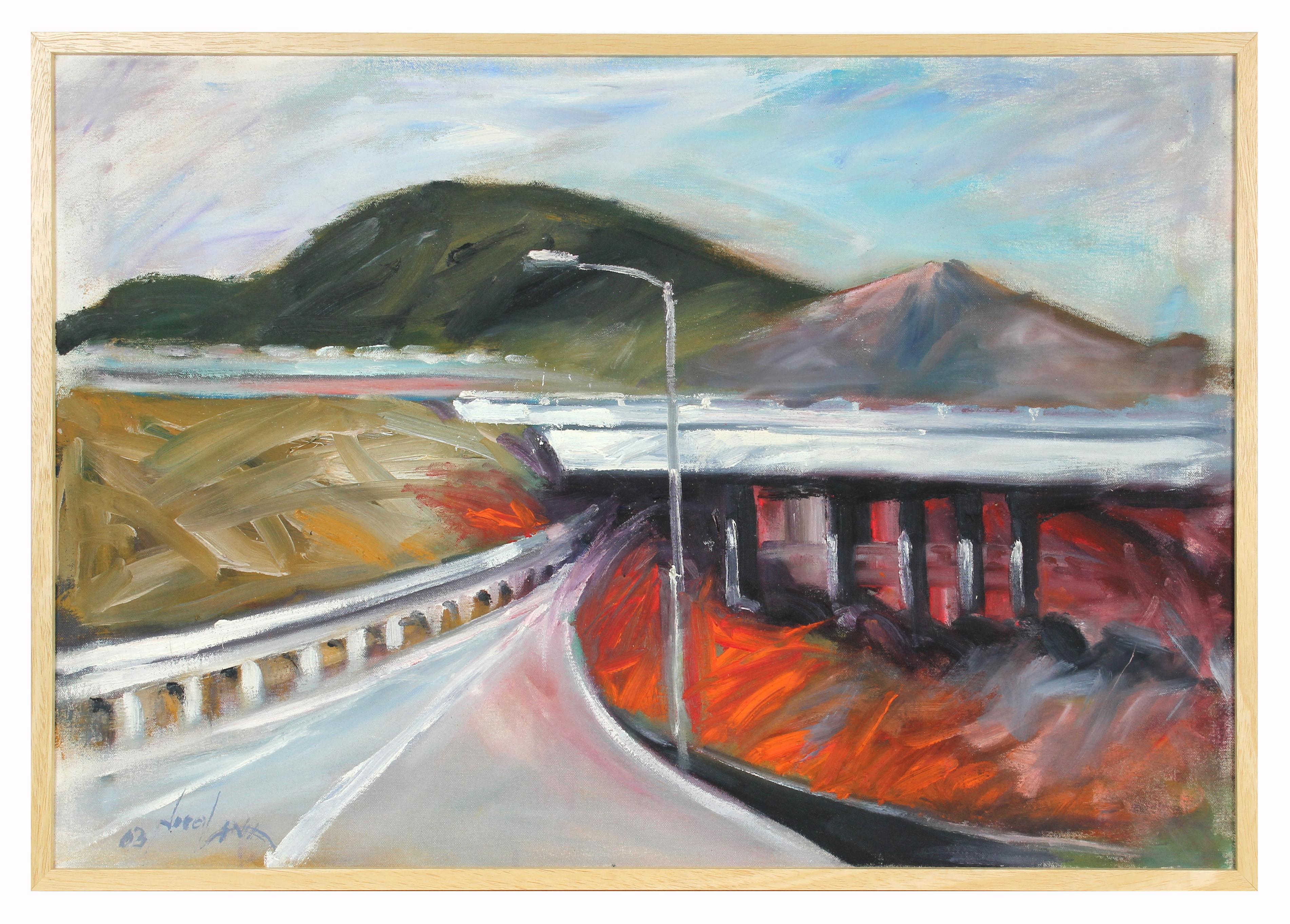 John Nicolini Landscape Painting - 20th Century Colorful Bay Area Freeway with Mountains Scene, Oil on Canvas  