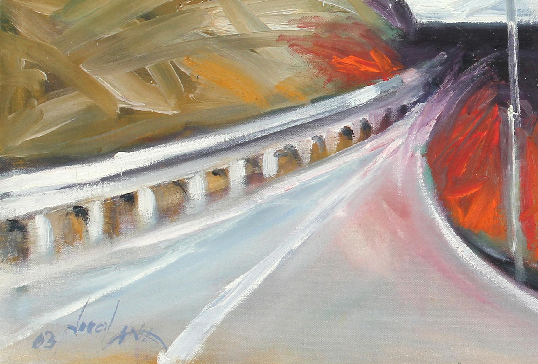 20th Century Colorful Bay Area Freeway with Mountains Scene, Oil on Canvas   - Painting by John Nicolini