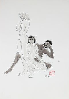 Figurative Drawing of Three Male and Female Nude Figures in Ink, 20th Century