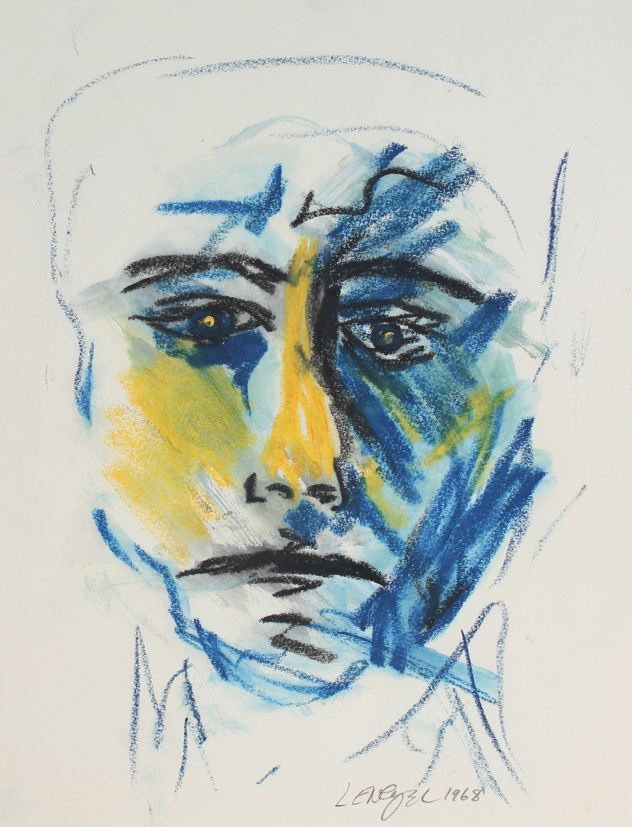 Oil Pastel Portrait of a Man w Blue Yellow Black Features, American Modern, 1968 - Art by Laura Lengyel