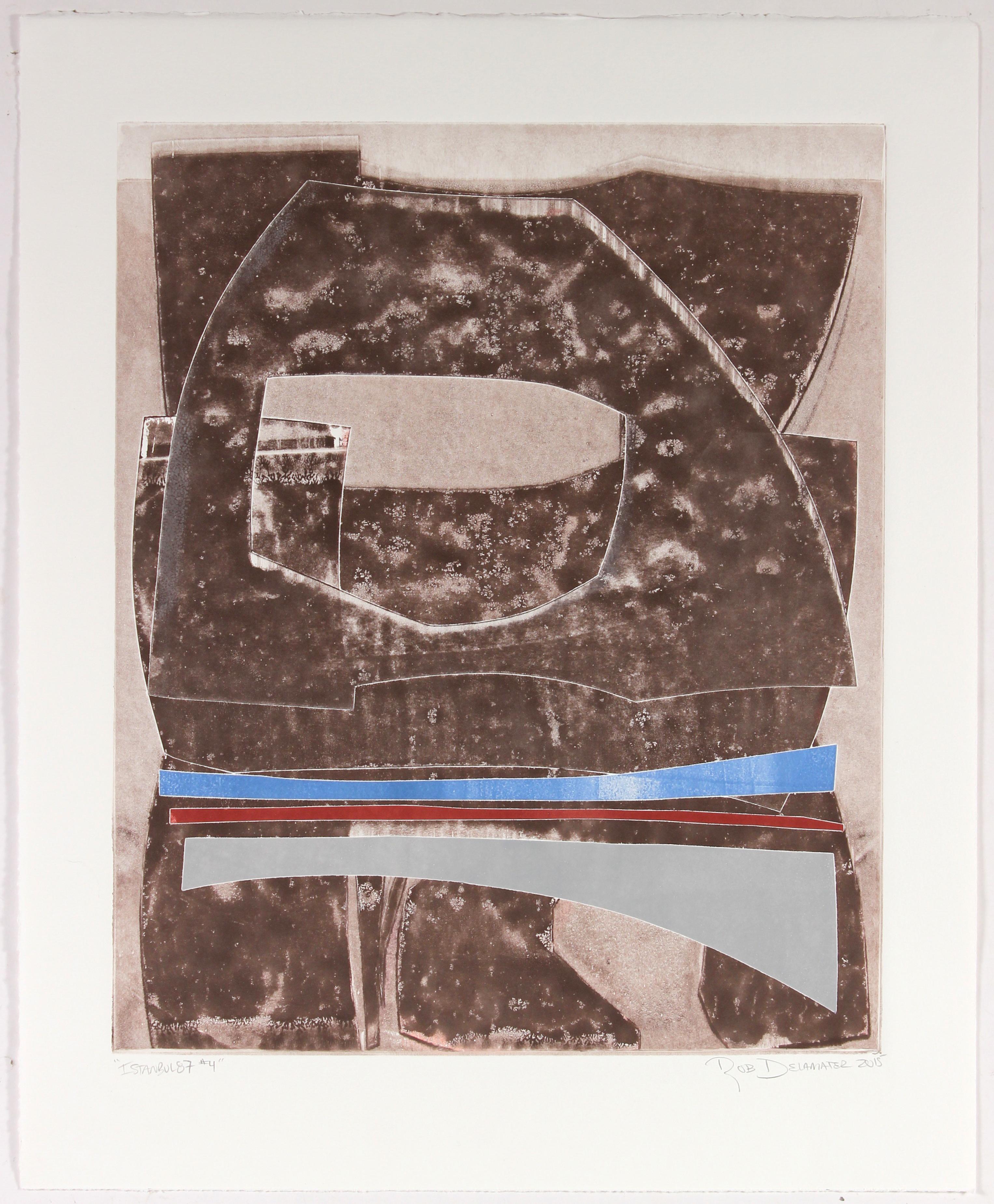 Rob Delamater Abstract Drawing - "Istanbul 87 #4" Contemporary Abstracted Monotype in Brown Blue Red and Gray