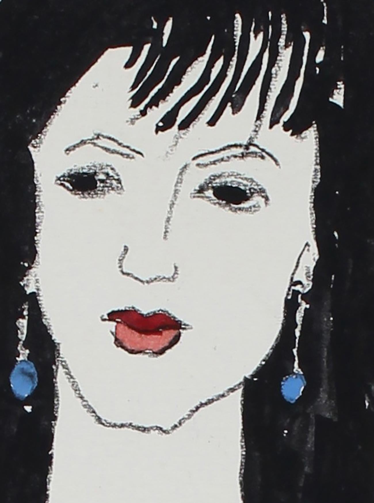 Female Figur in Blau-Blau mit rotem Lippenstift, Holzkohle- und Gouache-Gemälde, 1999 (Amerikanische Moderne), Art, von Rip Matteson