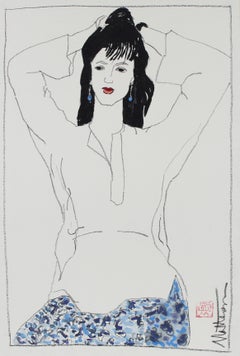 Female Figure in Blue Blue With Red Lipstick, Charcoal & Gouache Painting, 1999