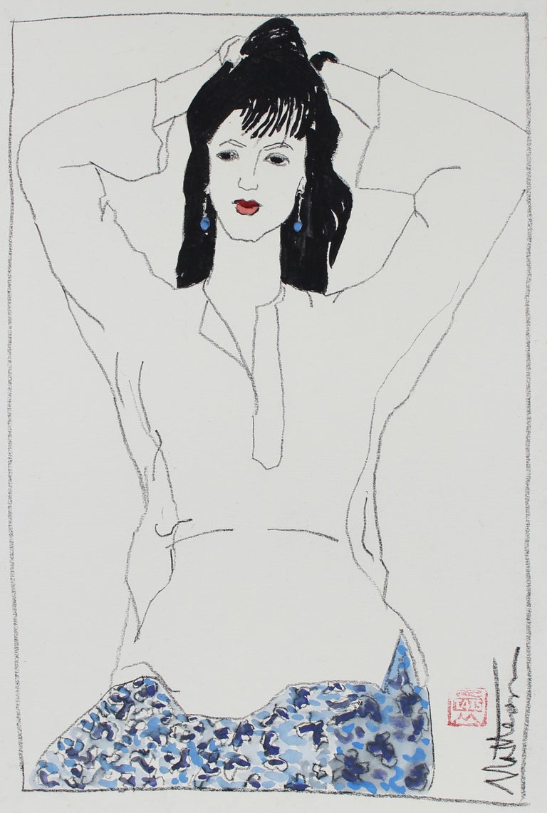 Rip Matteson Figurative Art - Female Figure in Blue Blue With Red Lipstick, Charcoal & Gouache Painting, 1999