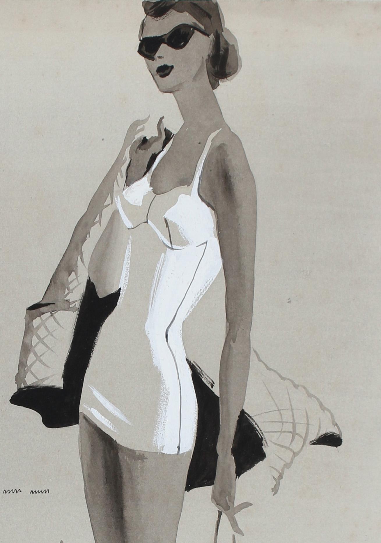 This 1950 to 1960's Cole of California gouache on paper portrait of a summer beach goer in a bathing suit and sunglasses in a seashell is by Bay Area painter, printmaker, and designer Calvin Anderson (b. 1925).  He studied at CCAC and Art Center
