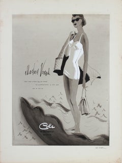1950's Cole of California Summer Beach Portrait in Gouache with Seashell