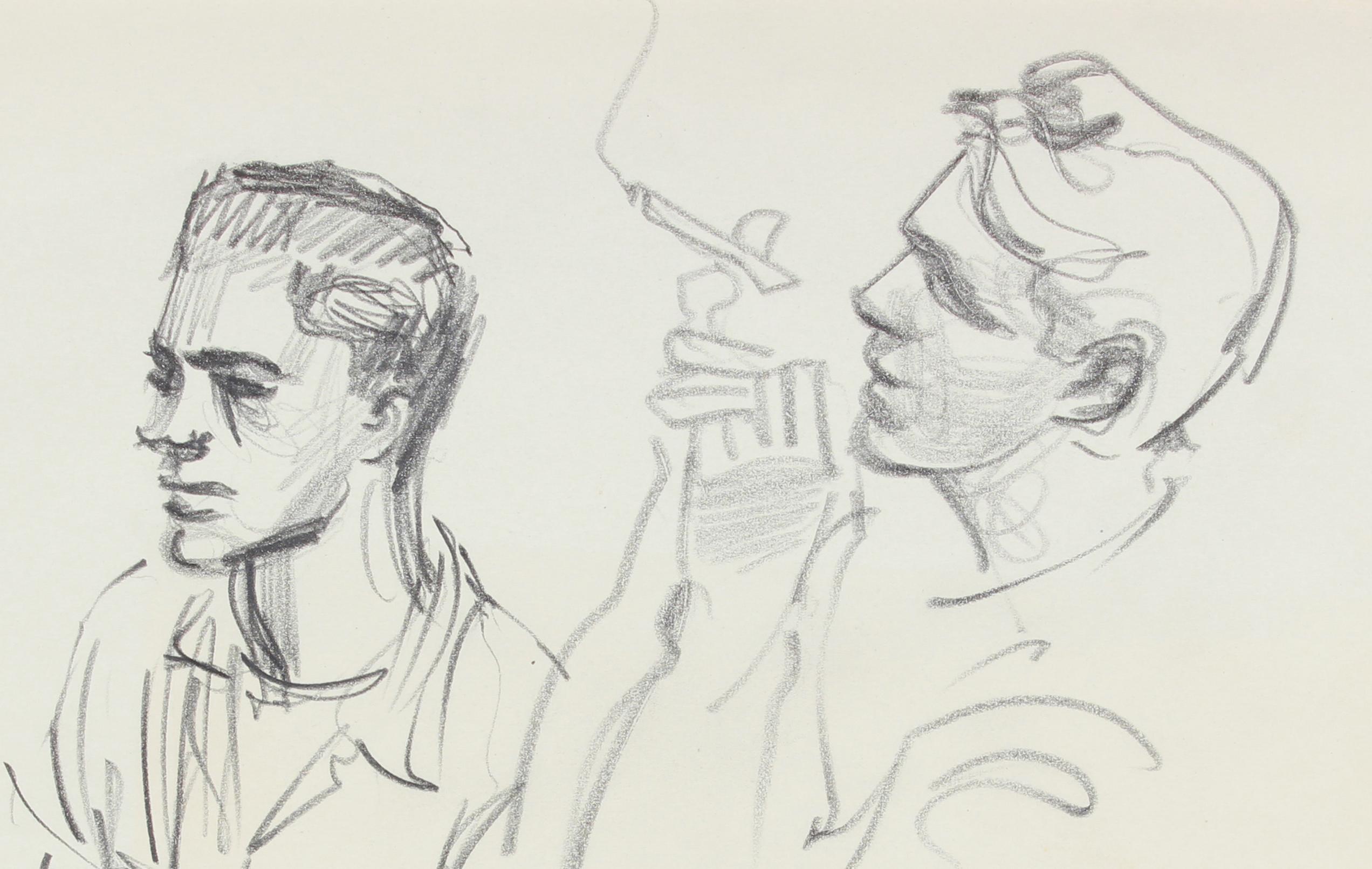 Vintage 1940-50s Charcoal Portrait Study of Young Men Smoking in New York - Abstract Expressionist Art by Richard Caldwell Brewer