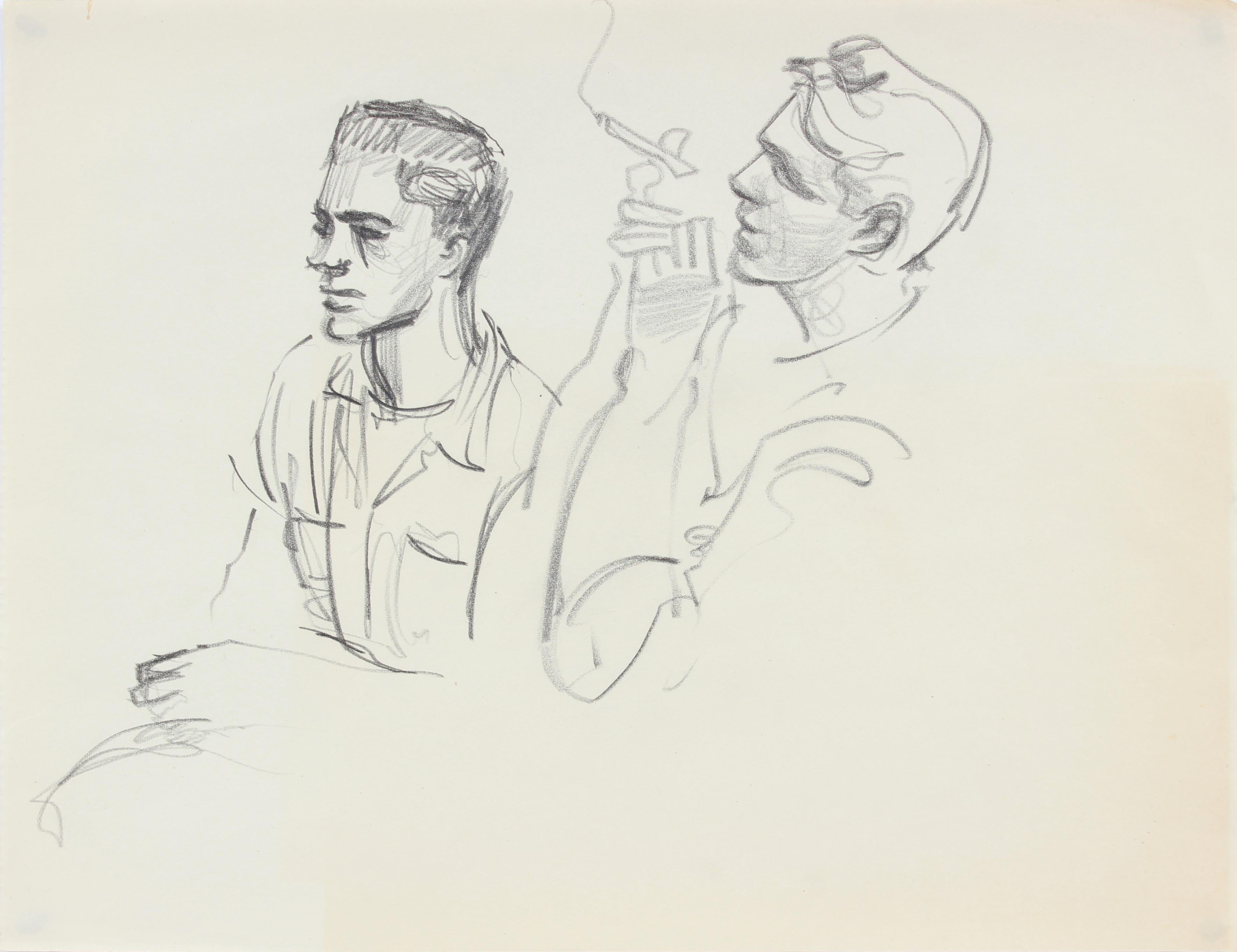 This vintage 1940-50s charcoal portrait study of two young men smoking in New York is by second generation New York School artist Richard Caldwell Brewer (1923-2014). Brewer along with his charmed circle of artist friends, represent the lesser known