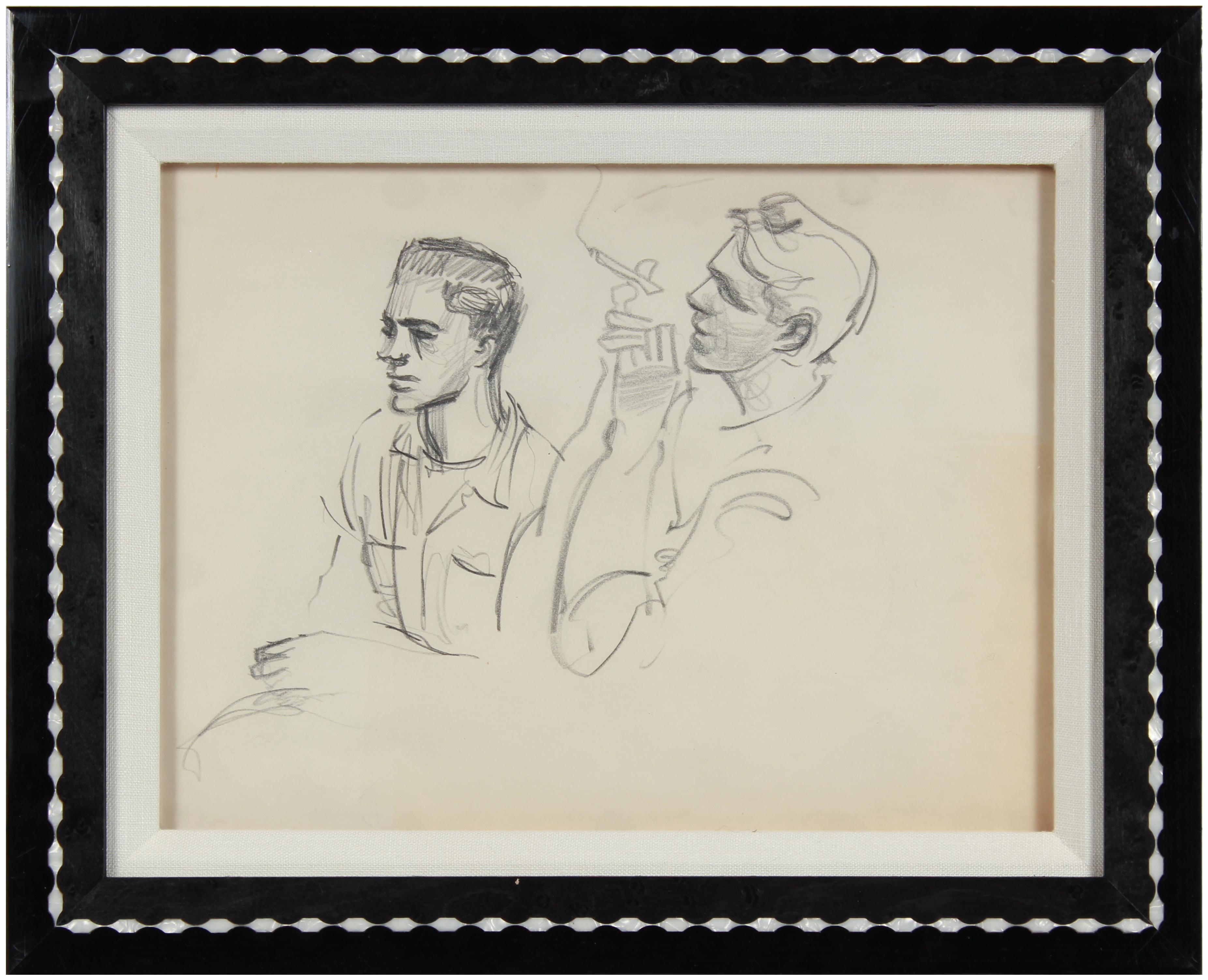 Vintage 1940-50s Charcoal Portrait Study of Young Men Smoking in New York - Art by Richard Caldwell Brewer