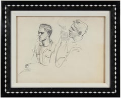 Vintage 1940-50s Charcoal Portrait Study of Young Men Smoking in New York