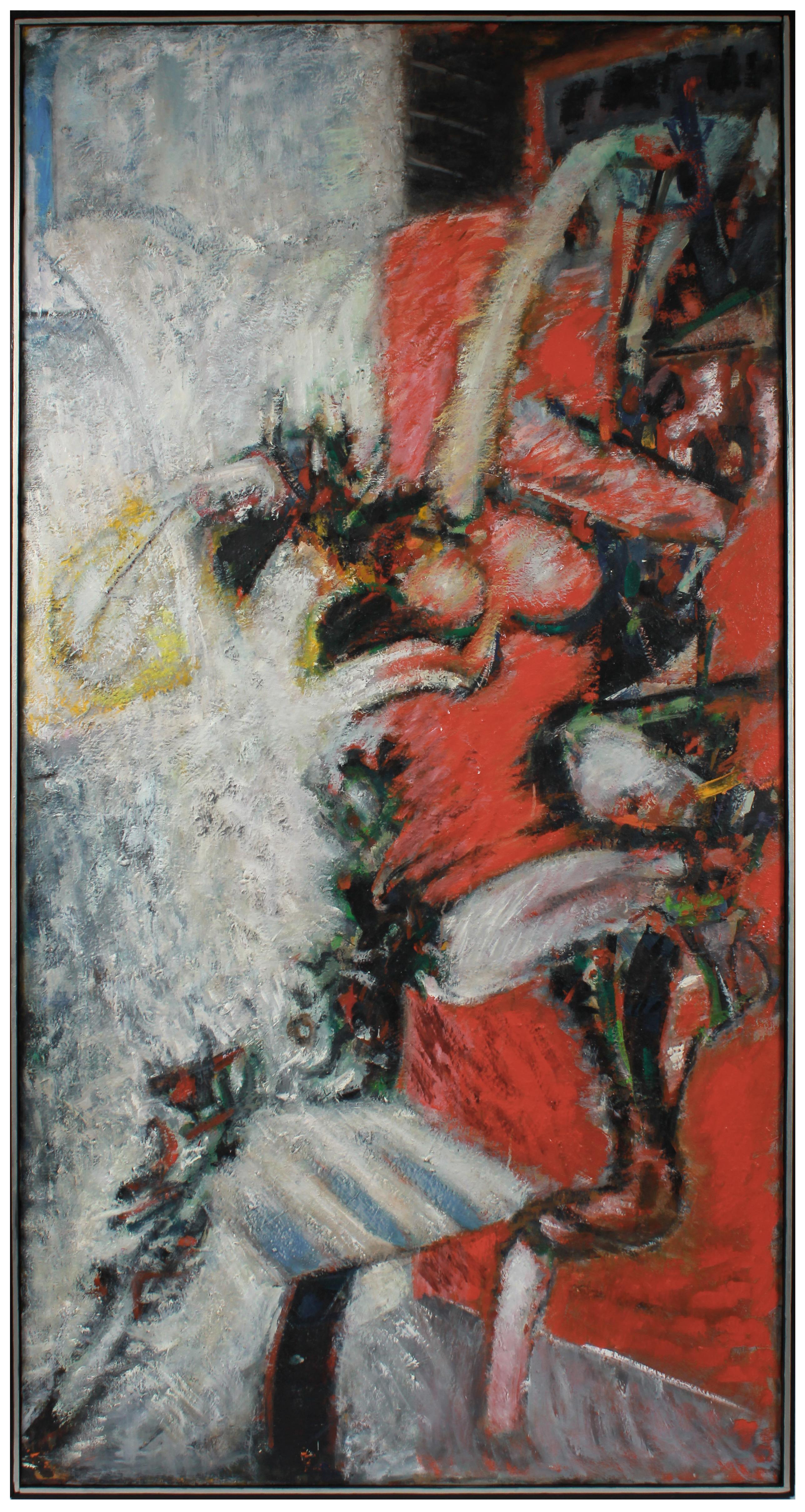 Richard Caldwell Brewer Abstract Painting – Modernistisches großformatiges abstraktes Gemälde in Öl auf Leinwand mit Rot, 1981