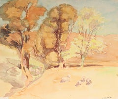Northern California Landscape with Eucalyptus and Sheep, Watercolor Painting