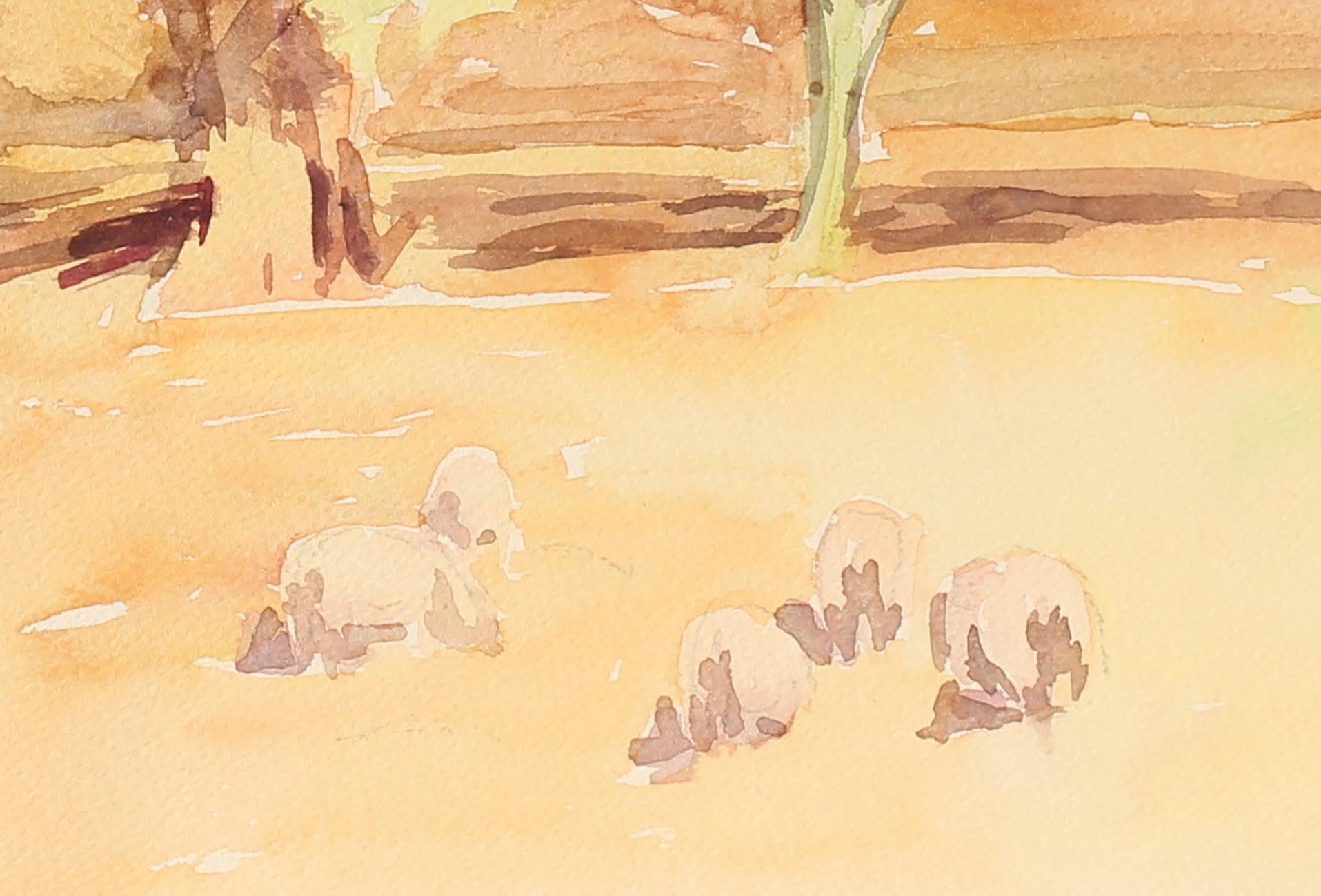 Northern California Landscape with Eucalyptus and Sheep, Watercolor Painting - American Modern Art by Sadie Van Patten Hall