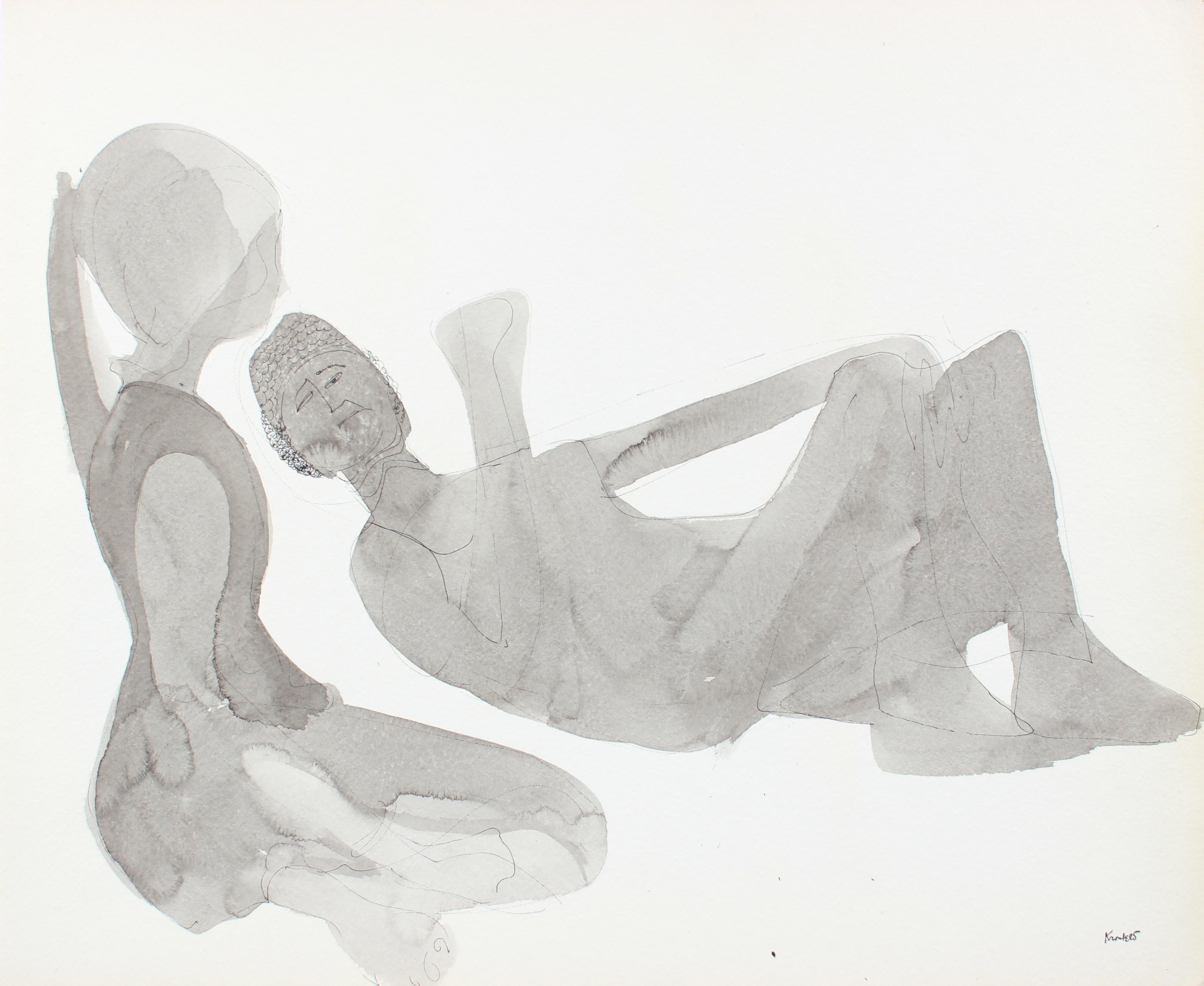 Morris Kronfeld Figurative Art - Monochromatic Relaxed Couple Silhouetted in Ink on Paper, 1960-80s 