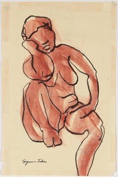 Nude Seated Female Figure Sketch in Ink and Pastel in Rust Red, Mid Century 