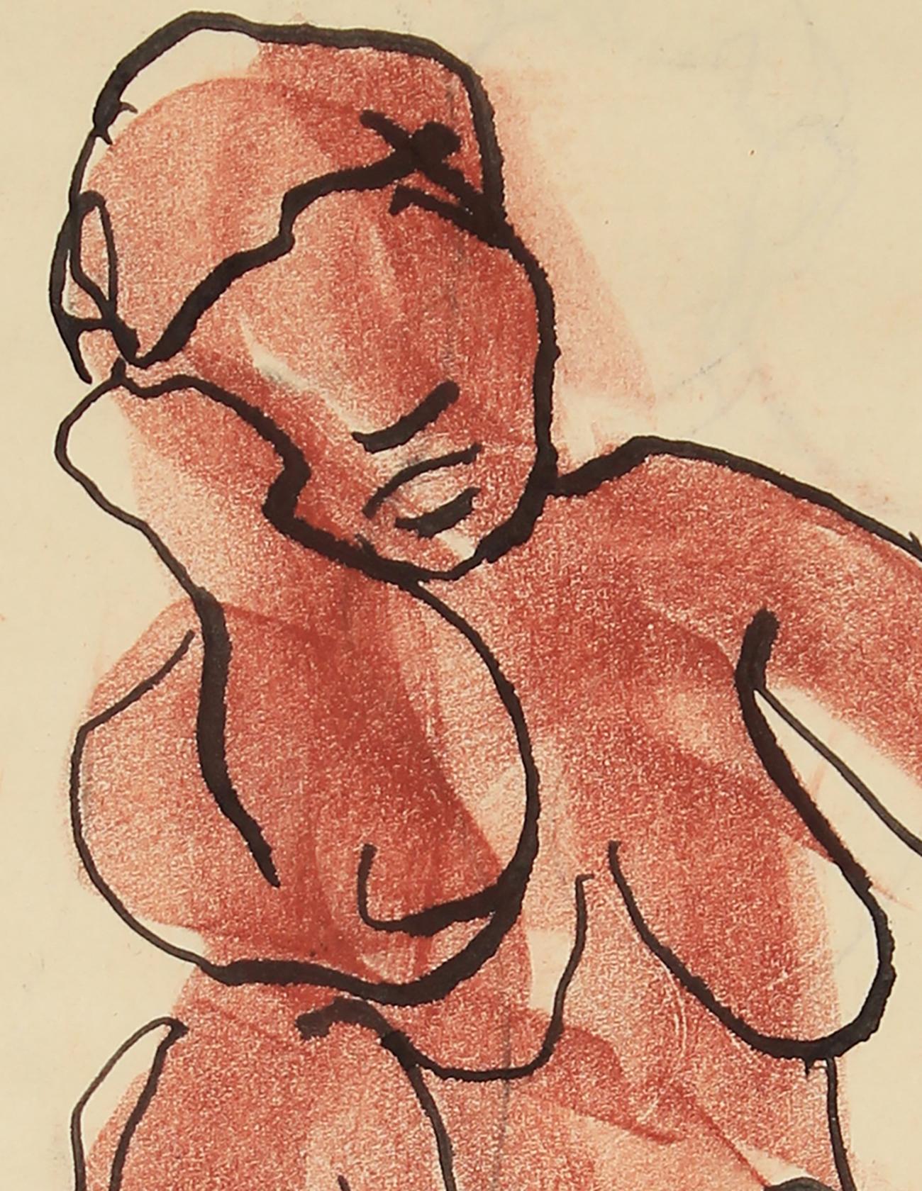 Sitzende weibliche Figurenskizze in Tinte und Pastell in Rostrot, Mitte des Jahrhunderts  (Amerikanische Moderne), Art, von Seymour Tubis