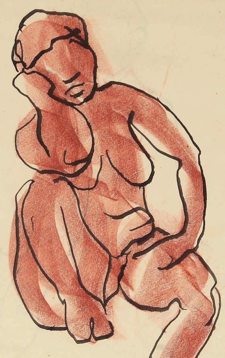 Nude Seated Female Figure Sketch in Ink and Pastel in Rust Red, Mid Century  - Art by Seymour Tubis