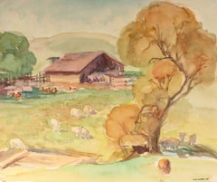 Northern California Farm Animal Landscape Scene with a Barn in Watercolor