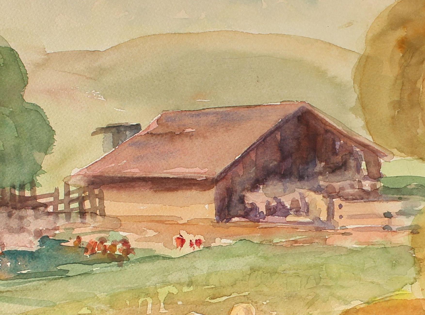 Northern California Farm Animal Landscape Scene with a Barn in Watercolor - Art by Sadie Van Patten Hall