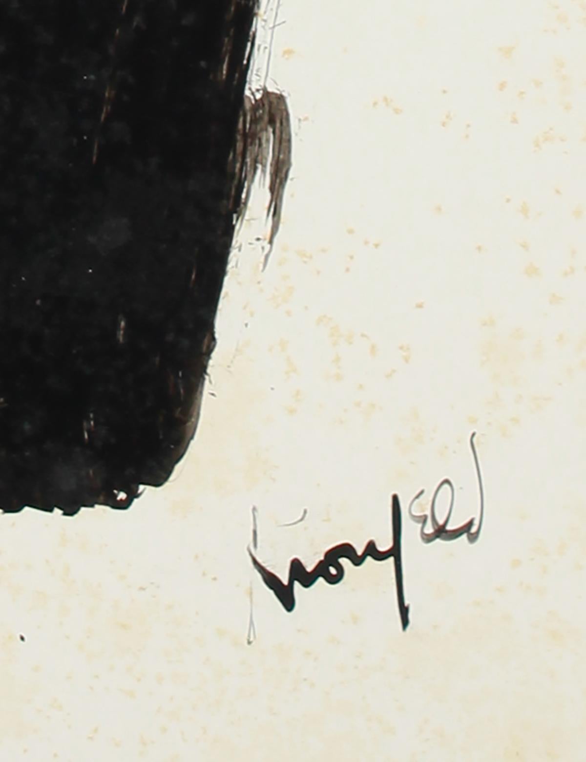 Klassisches klassisches Gesicht mit schwarzer Krone, Acryl mit Rissmethode, 1960-80er Jahre  (Beige), Figurative Painting, von Morris Kronfeld