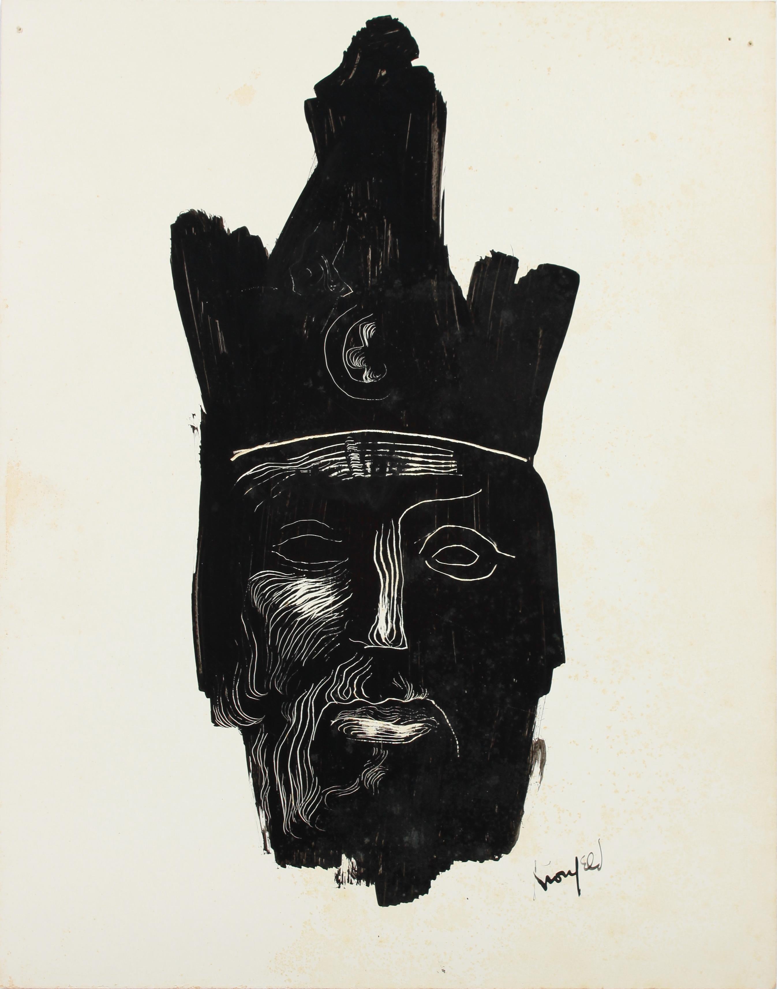 Morris Kronfeld Figurative Painting – Klassisches klassisches Gesicht mit schwarzer Krone, Acryl mit Rissmethode, 1960-80er Jahre 