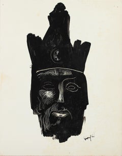 Vintage Classical Face with Crown in Black, Acrylic with Scratching Method, 1960-80s 