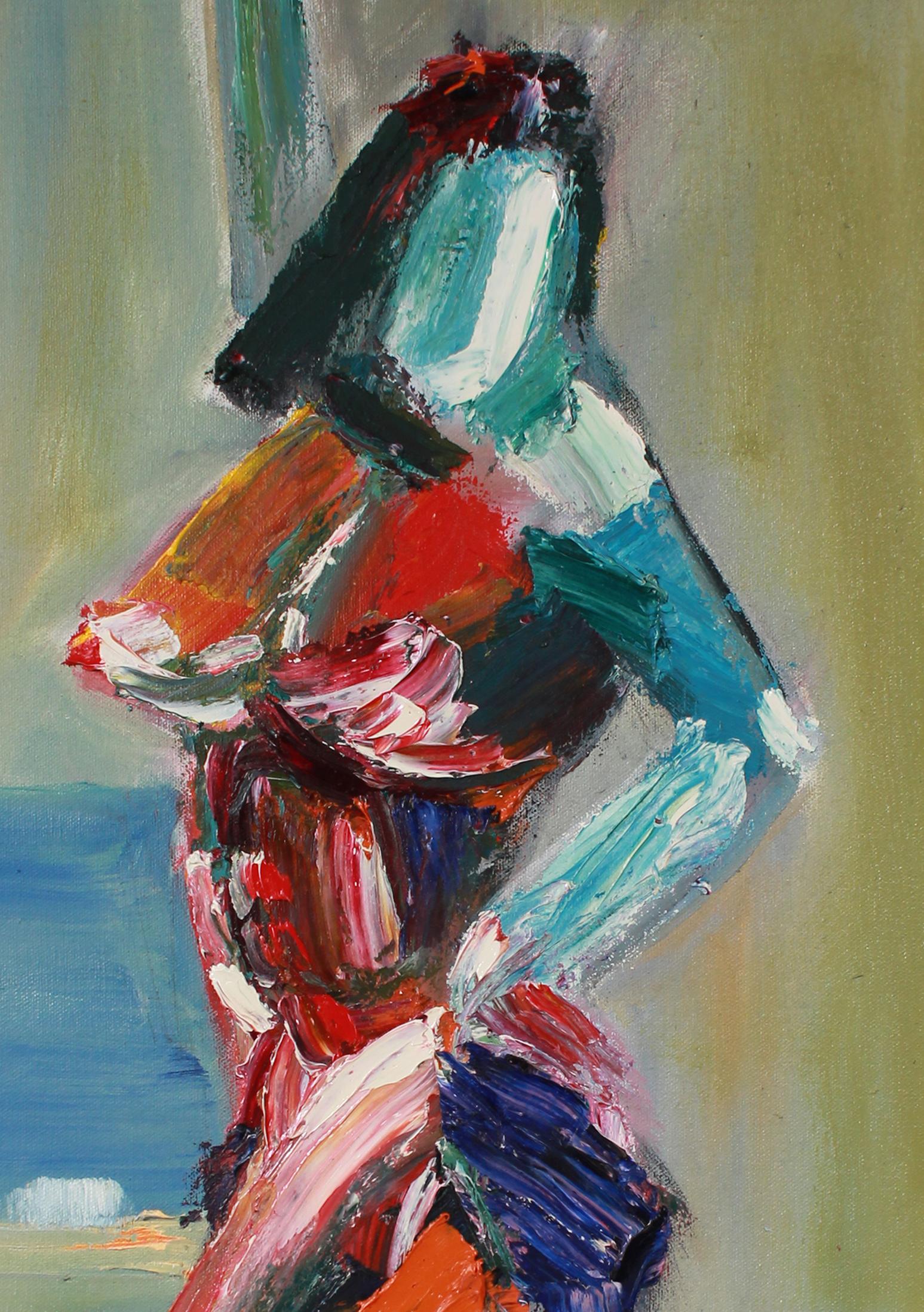 Colorful Figurative Female Nude, Acrylic on Canvas with Red, Turquoise and Green - Modern Painting by John Nicolini