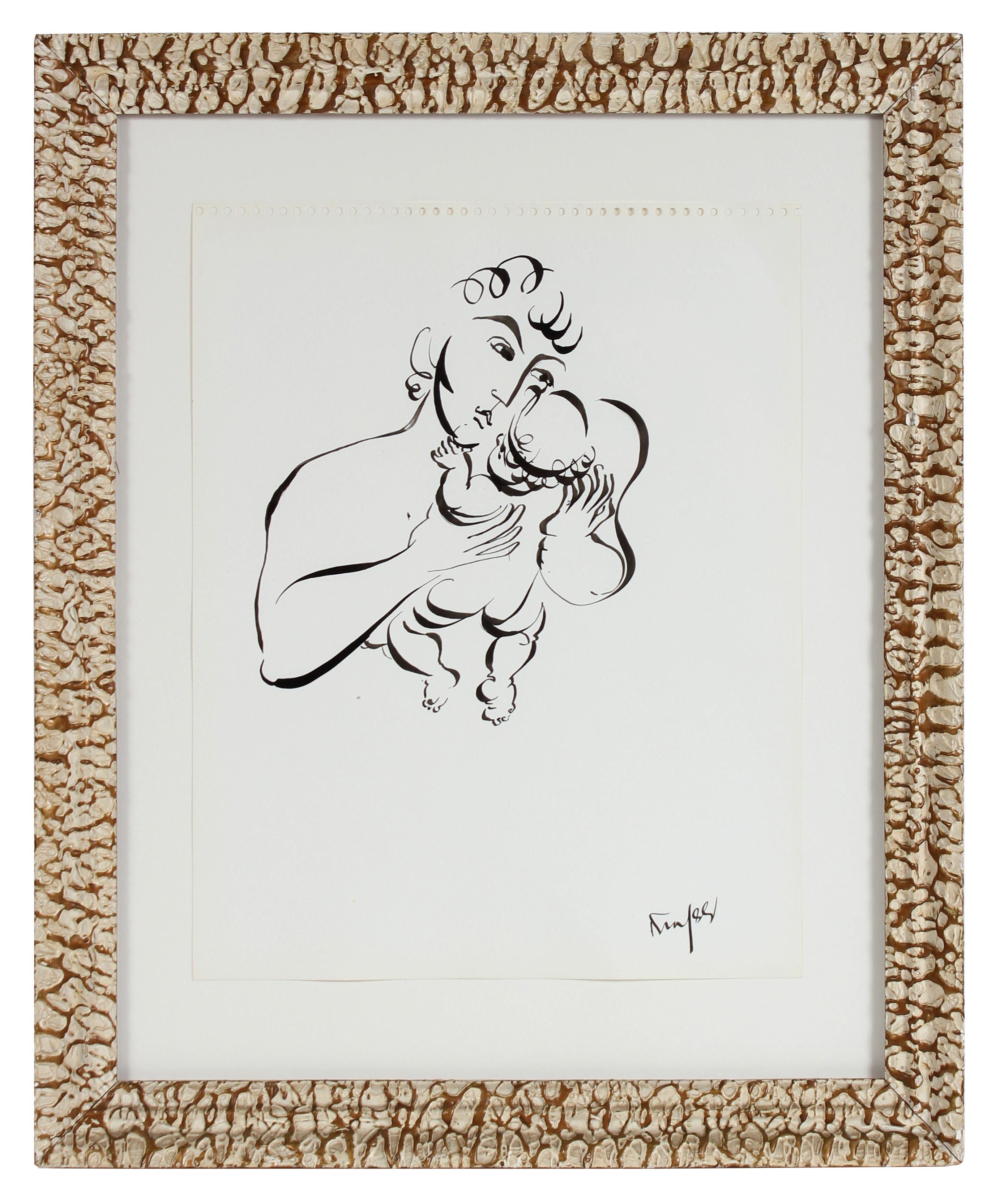 Morris Kronfeld Figurative Painting - Figurative Ink Drawing of Father Holding His Child 1970-80s 