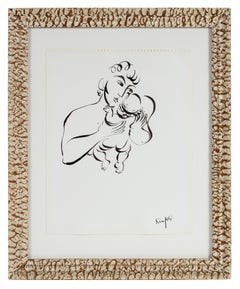 Vintage Figurative Ink Drawing of Father Holding His Child 1970-80s 
