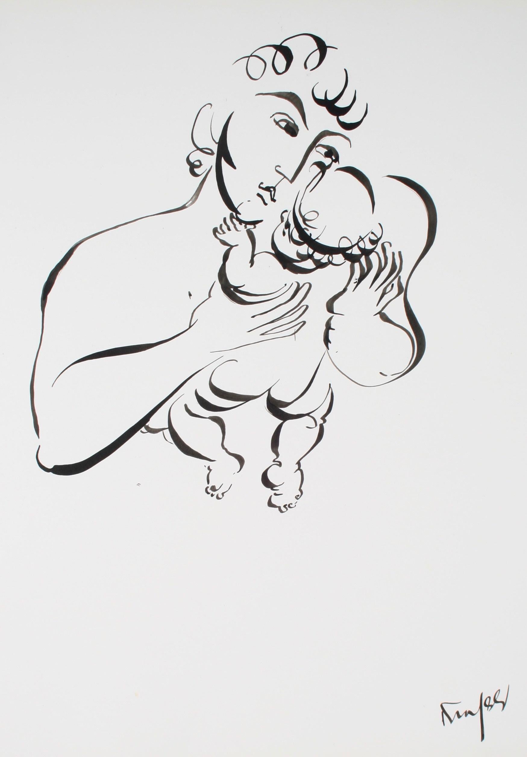 Figurative Ink Drawing of Father Holding His Child 1970-80s  - Painting by Morris Kronfeld